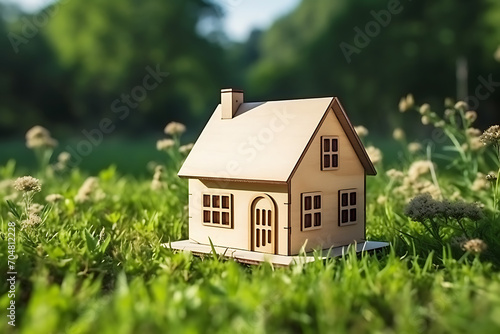 Wooden model of house on grass, summer outdoor, new home concept