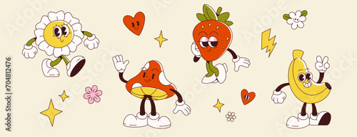 Retro groovy cartoon characters of daisy and mushroom, banana and strawberry with decorative elements. Vector set of cute fruits and flowers with funny face emotions and poses for vintage design.