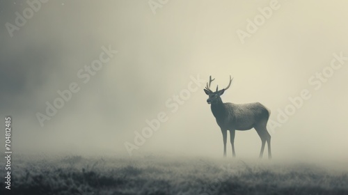  a deer standing in a foggy field with it's antlers in the foreground and the sky in the background.
