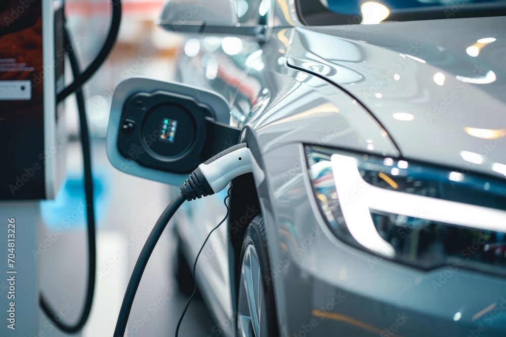 Closeup of an electric car being charged from a fast charger