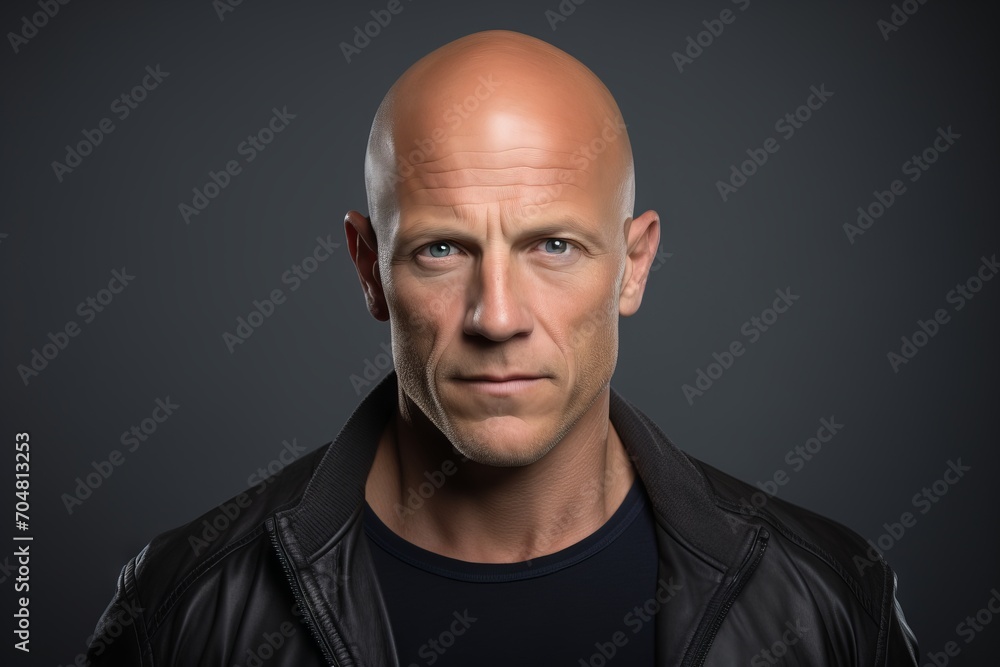 Portrait of a bald man in a black leather jacket on a dark background Portrait of a bald man in a black leather jacket on a dark background