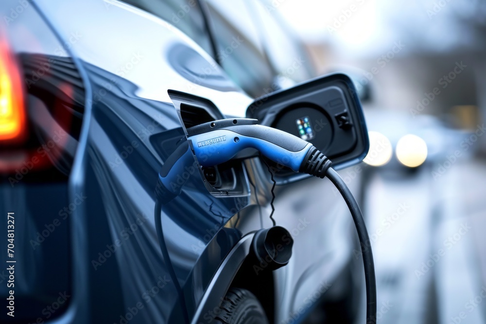Closeup of an electric car being charged from a fast charger