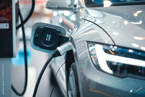 Closeup of an electric car being charged from a fast charger © IMAGE