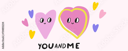 You and Me. Design for St. Valentine's day. Flat vector illustration on pink background.
