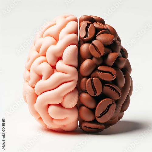 Create a 3D plastic model of a brain and coffee, the other half being a computer. The concept of coffee and brain function