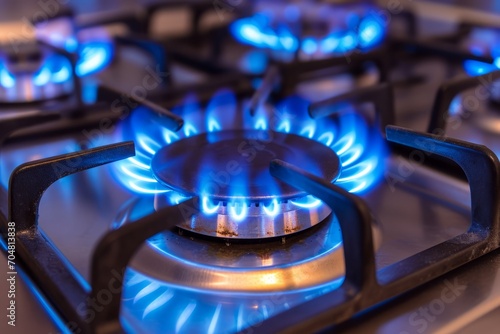 Kitchen gas stove burning with a blue flame. 