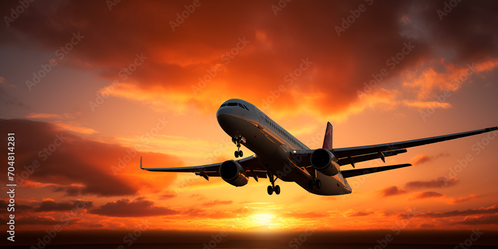 airplane in the sky,Commercial Airplane,Plane taking off and landing at sunset with cloudy sky ,Airplane in the sky over the airport at sunset Travel concept,A plane is taking off from a runway at sun