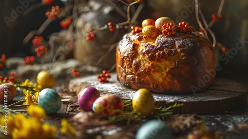  a loaf of bread sitting on top of a wooden cutting board next to eggs and a tree with red berries.