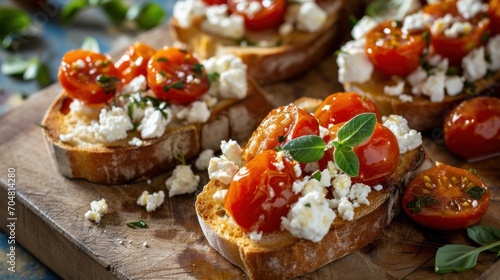  a wooden cutting board topped with slices of bread covered in cheese and tomato slices and garnished with basil.