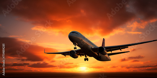 airplane in the sky,Commercial Airplane,Plane taking off and landing at sunset with cloudy sky ,Airplane in the sky over the airport at sunset Travel concept,A plane is taking off from a runway at sun