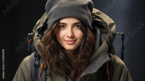 Woman traveler with backpack and warm jacket