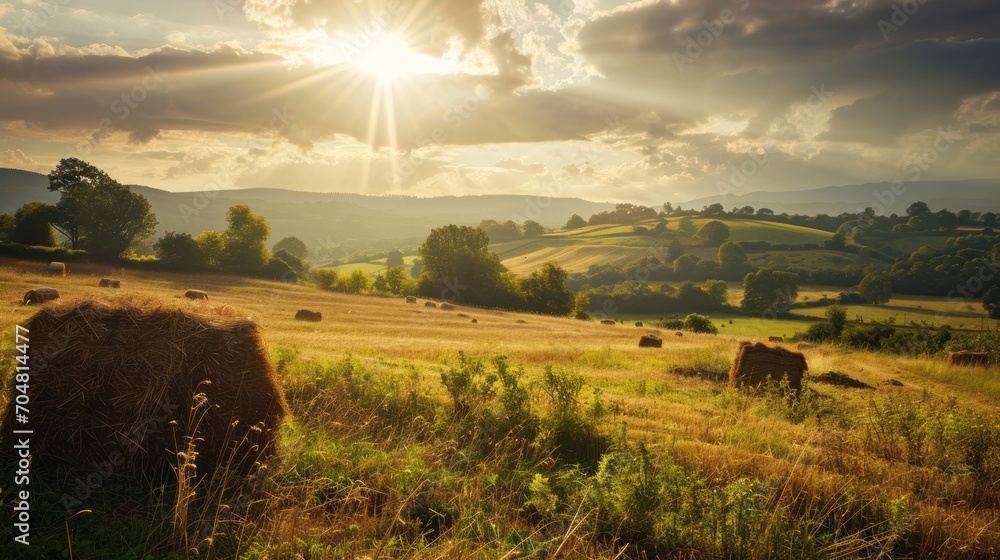  a field with hay bales in the foreground and the sun shining down on the hills in the background.