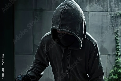 Silhouette of dangerous criminal. Masked man holding crowbar in shadows representing threat of burglary theft and violence ideal for depicting crime and security concepts