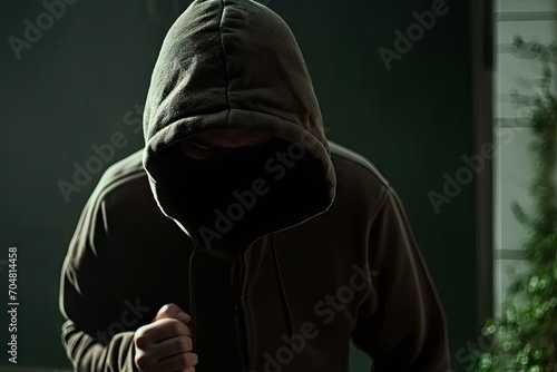 Silhouette of dangerous criminal. Masked man holding crowbar in shadows representing threat of burglary theft and violence ideal for depicting crime and security concepts