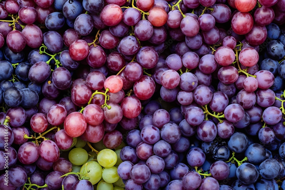 Close up of fresh grapes with water drops, top view