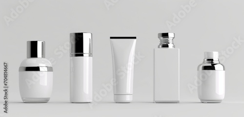 HD images of five empty cosmetic bottles, all in pristine white, each with unique shapes.