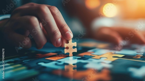  a person placing a piece of a puzzle into a jigsaw puzzle on top of a table with blurry lights in the background.