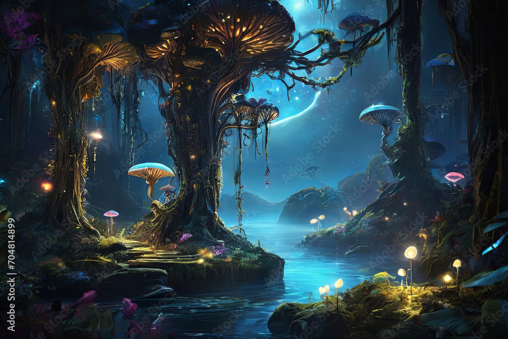 Enchanting Pandora night. Bioluminescent forest with glowing plants, creatures, woodsprites. Serene scene evoking an otherworldly landscape.