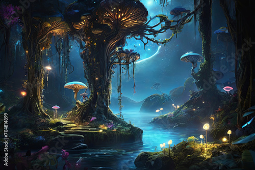 Obraz na płótnie Enchanting Pandora night. Bioluminescent forest with glowing plants, creatures, woodsprites. Serene scene evoking an otherworldly landscape. w salonie