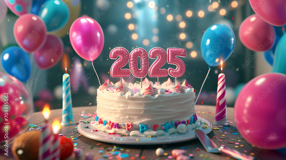 Happy New Year , Happy 2025, minimalist, 3d glossy 3D rendering illustration of "2025" with