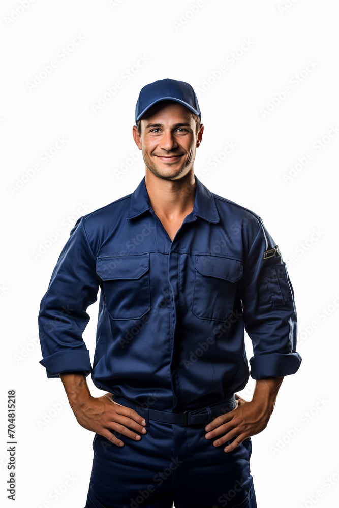 Studio Portrait of Delivery Worker Looking at Camera on White Background Studio Portrait of Delivery Worker Looking at Camera on White Background