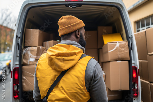 Back View of Black Man Opening Delivery Van for Internet Shipments photo