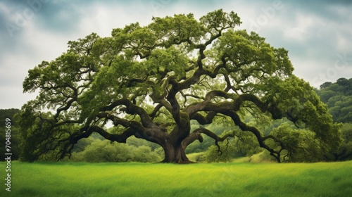 A majestic oak tree with sprawling branches reaching outward, creating a sense of strength and resilience in its stance.