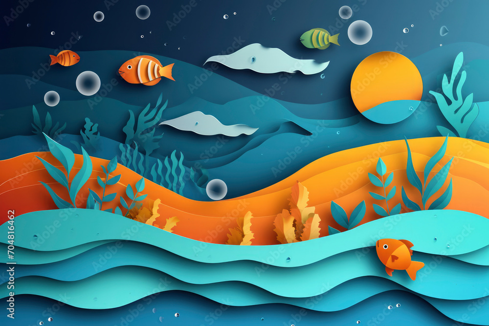 Fishes layered shape wavy ocean underwater background in paper cut style Fishes layered shape wavy ocean underwater background in paper cut style