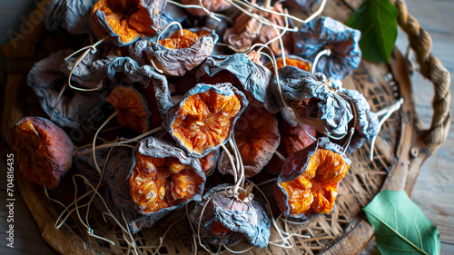 Flat lay photograph of dried persimmons on a wooden tray, chiri or dried persimmons, sliced persimmons are strung on threads and hung until completely dry for several weeks photo