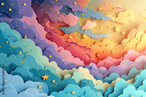 Kawaii Fantasy Pastel Colorful Sky with Clouds and Stars Background in a paper cut