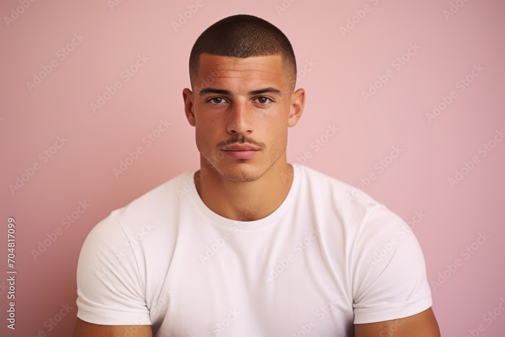 Handsome young man in white t-shirt on pink background Handsome young man in white t-shirt on pink background