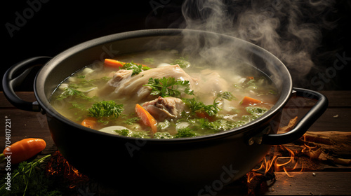 A pot of steaming chicken soup nutrition
