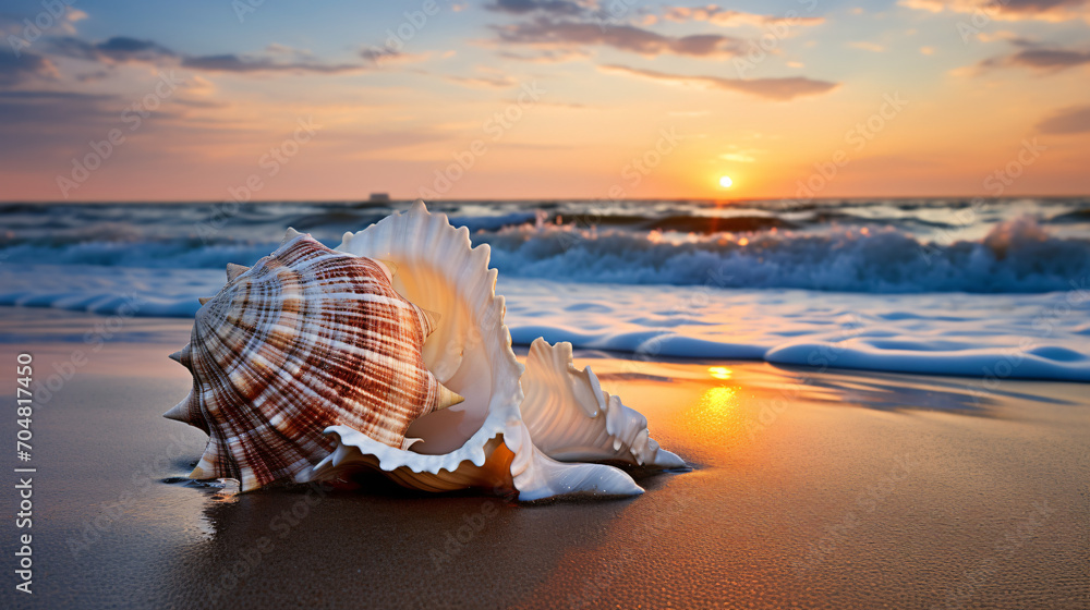 A seashell washed up by the ocean waves - obrazy, fototapety, plakaty 
