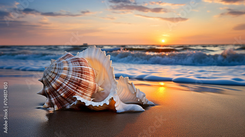 A seashell washed up by the ocean waves photo