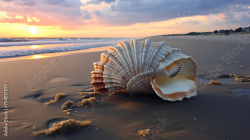 A seashell washed up by the ocean waves