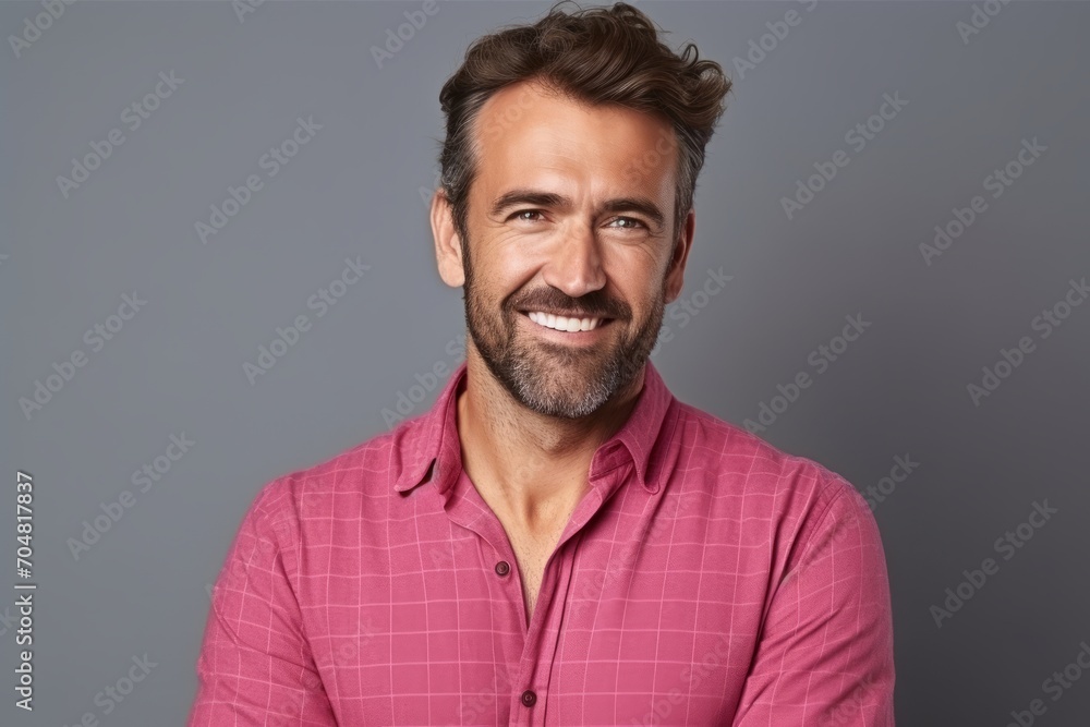 Portrait of a handsome mature man smiling at the camera while standing against grey background Portrait of a handsome mature man smiling at the camera while standing against grey background