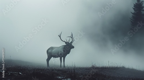  a large elk standing on top of a grass covered field next to a forest in the middle of a foggy day. photo