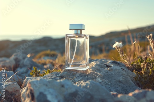 Perfume glass bottle on top of a rock
