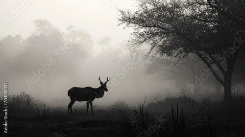  a deer standing in the middle of a forest on a foggy day with trees and bushes in the background.