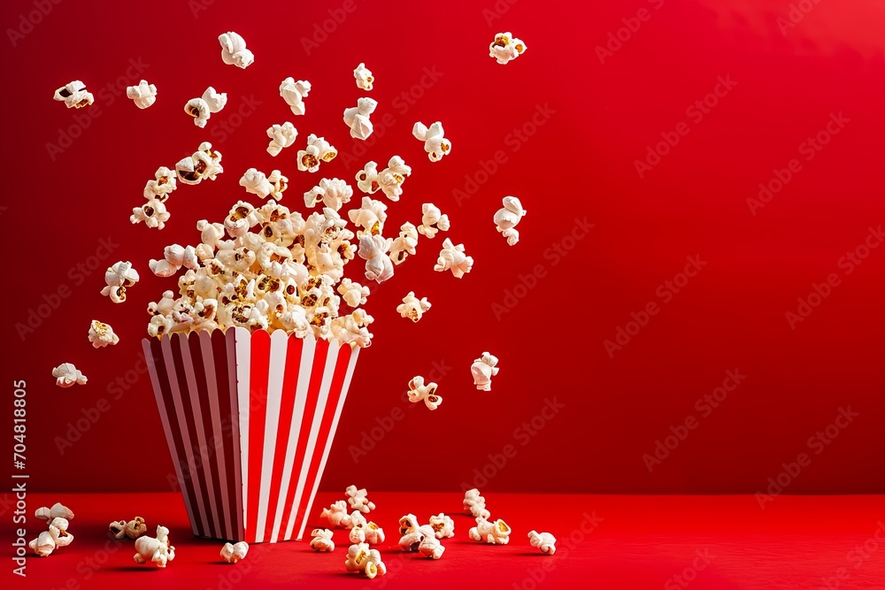flying popcorn on red background