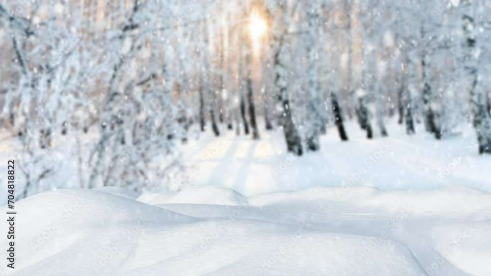 Falling snow in a birch grove. Snowfall animation. Frosty weather. Snowy frosty background. Snowdrifts. Falling snow in a birch grove. Snowfall animation. Frosty weather. Snowy frosty background. Snowdrifts.