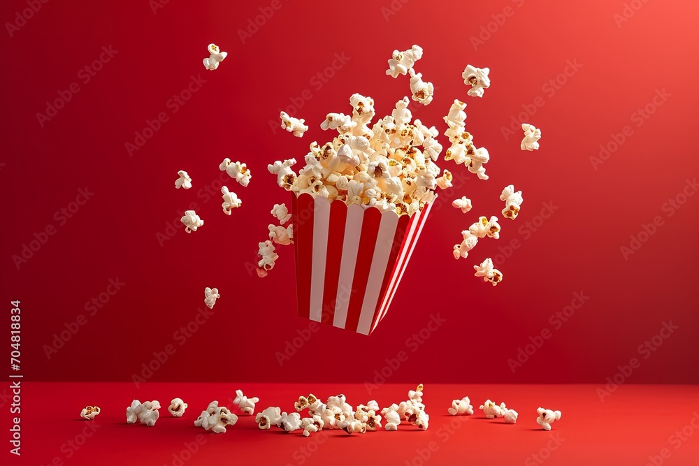 flying popcorn on red background