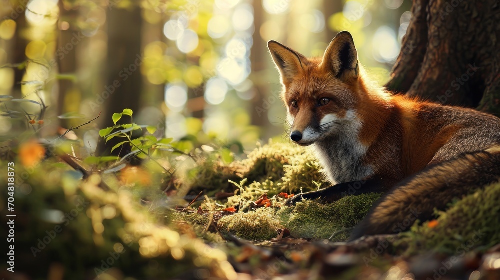  a close up of a fox laying in the grass in a forest with trees and moss growing on the ground.