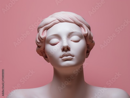 Greek Sculpture of Woman face on pink pastel y2k background. Antique beautiful female goddess with close eyes. Ancient girl Statue in profile in minimalistic modern trendy style