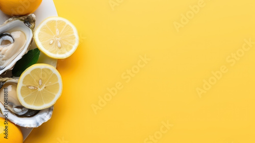 Oysters on yellow background with lemon photo