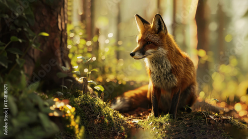 a red fox sitting in the middle of a forest looking at something to the right of the camera man's eye.