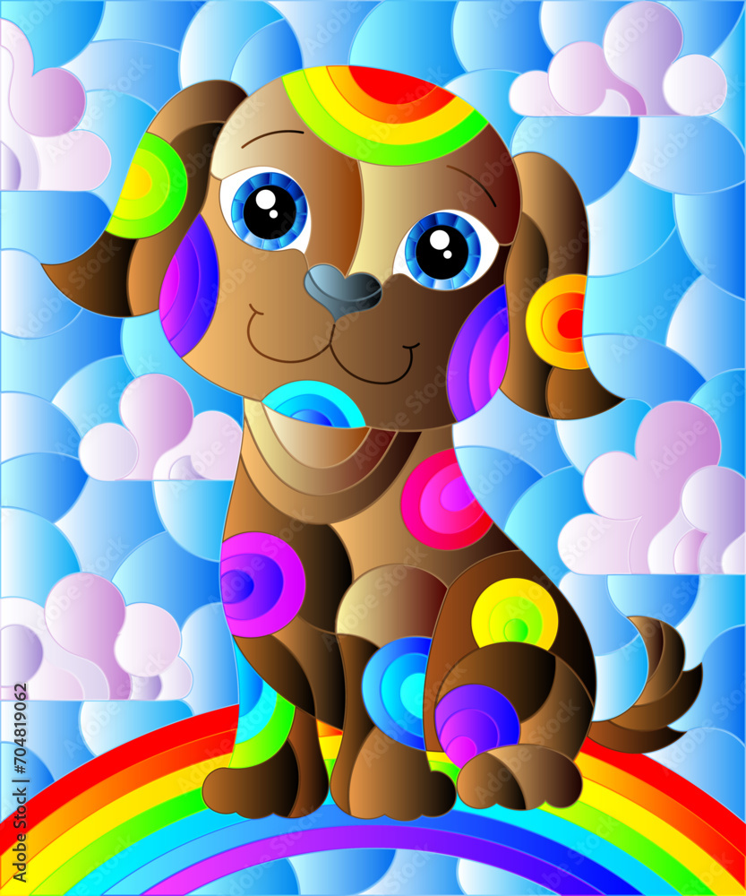 Fototapeta premium Illustration in stained glass style with abstract cute ,brown dog on a cloudy sky background with rainbow