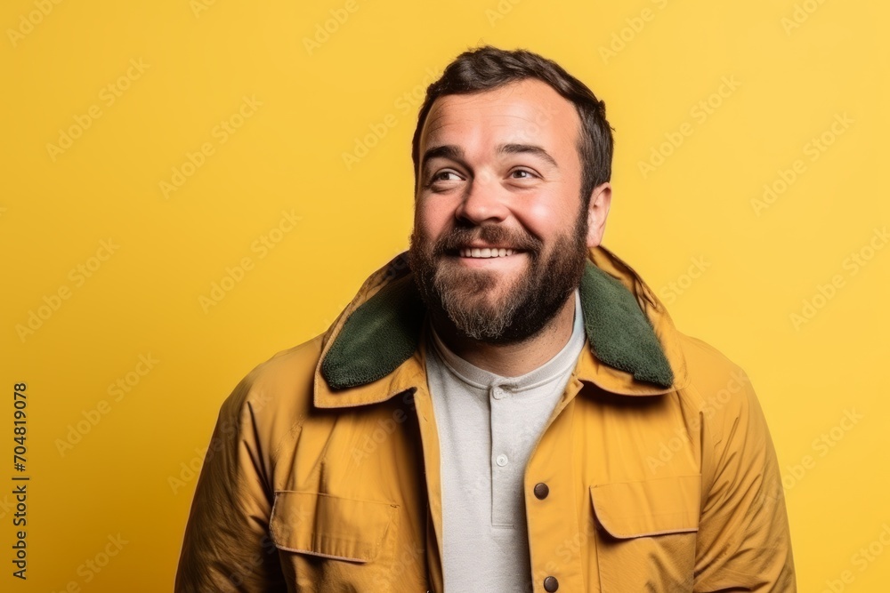Handsome man with jacket laughing over yellow background. Happy expression Handsome man with jacket laughing over yellow background. Happy expression