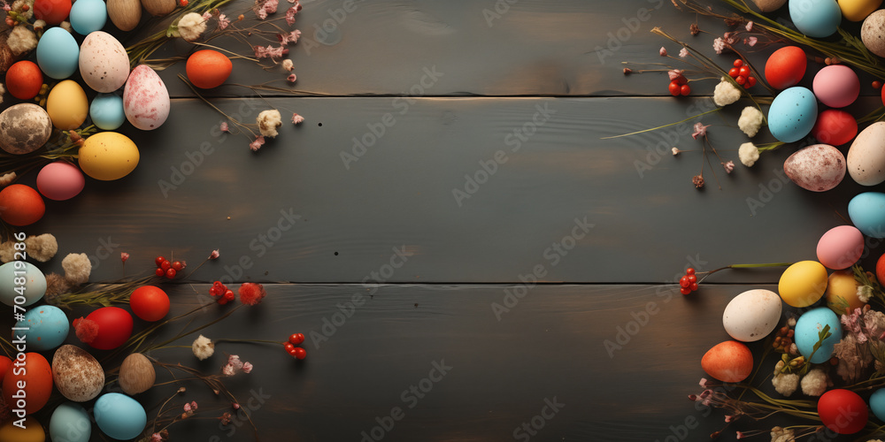 Obraz premium Easter rustic banner with eggs, flowers and twigs lying on dark wooden table with place for text.