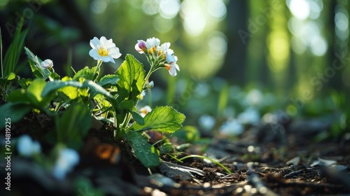  a group of small white flowers sitting on top of a lush green forest filled with lots of leafy plants.